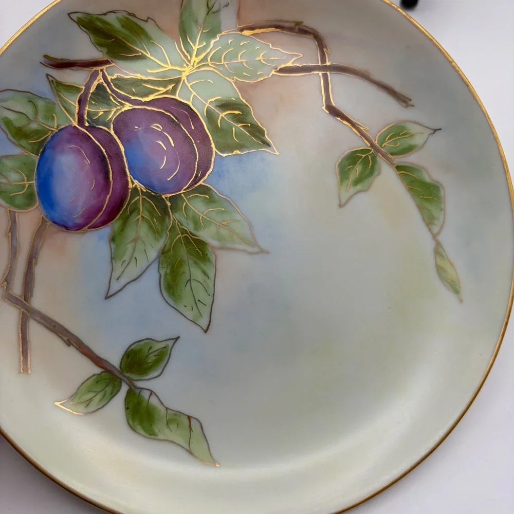 Vintage Hand Painted Plum Fruit Gold Trim Decorative Salad Plate 7.5